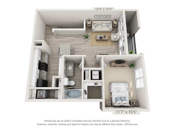 A 3D floor plan of a small apartment with a living room, kitchen, and two bedrooms.