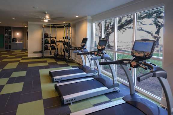 A gym with treadmills and other exercise equipment.