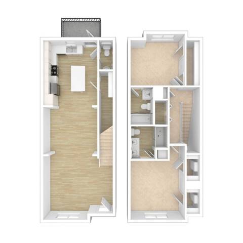 A floor plan of a two-story apartment with a living room, kitchen, bedrooms, and bathrooms.