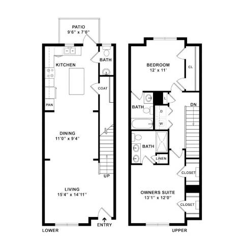 A floor plan of a two-story house with a living room, kitchen, dining room, bedroom, bathrooms, and a patio.