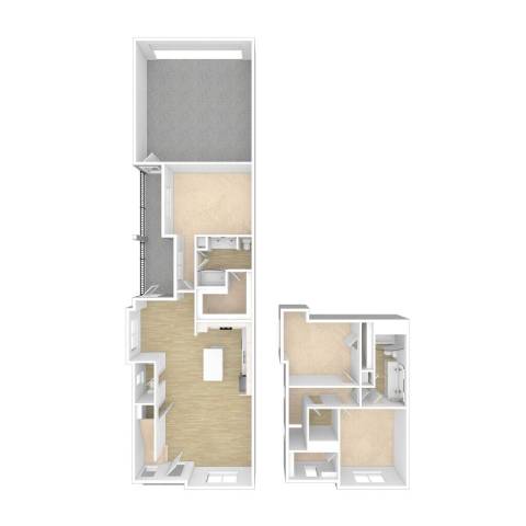 A floor plan of a two-story apartment with a living room, kitchen, and bedrooms.