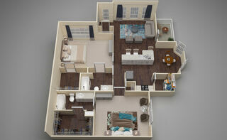 A floor plan of a house with a kitchen, living room, and two bedrooms.