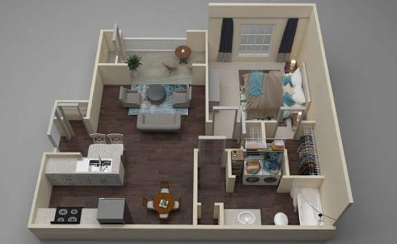 A top-down view of a small apartment with a kitchen, living room, and bedroom.