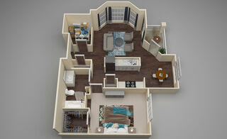 A top down view of a house with a living room, dining room, kitchen, and two bedrooms.