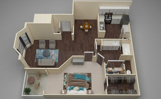 A 3D rendered image of a house layout.