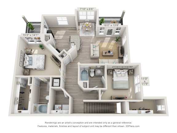 A 3D floor plan of a house with a living room, kitchen, and two bedrooms.