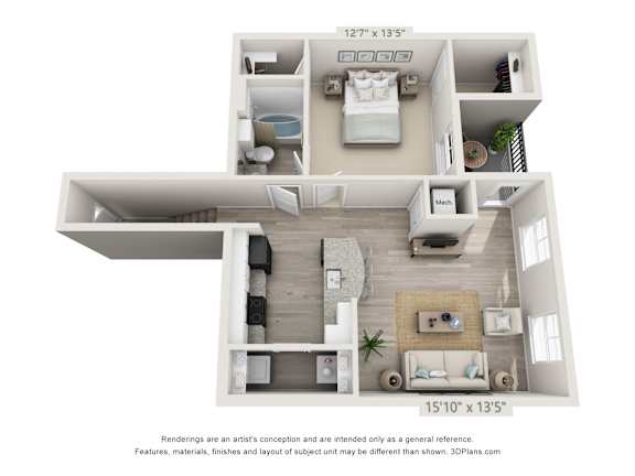 A 3D floor plan of a house with a living room, kitchen, and two bedrooms.