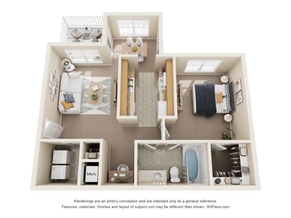 a 3d floor plan of a home with a bedroom and living room