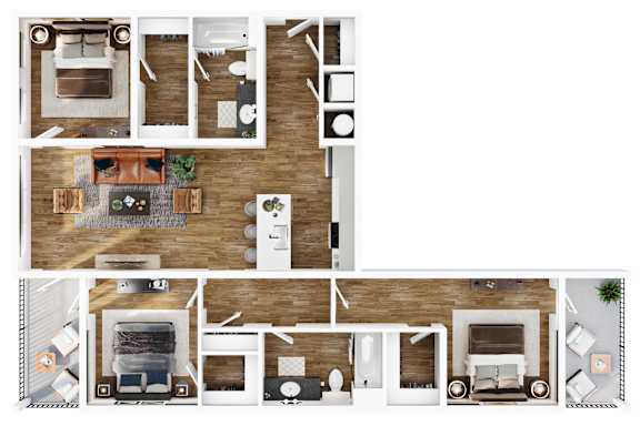 A floor plan of a two-story apartment with a living room, kitchen, and bedrooms.