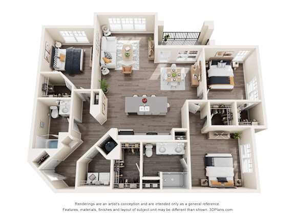 A 3D floor plan of a house with a kitchen, living room, and bedrooms.