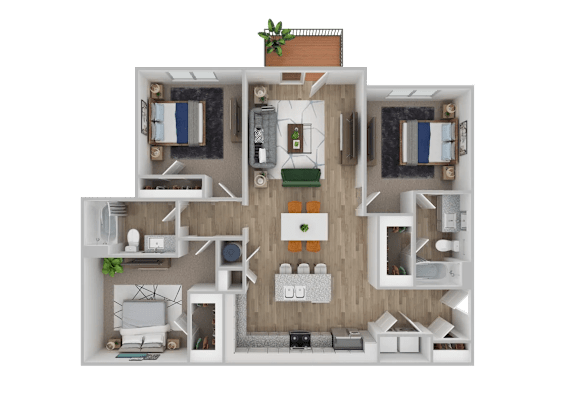 A 3D floor plan of a house with a kitchen, living room, and two bedrooms.