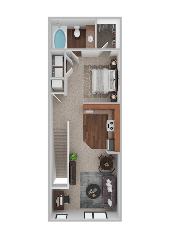 A top-down view of a small apartment with a bed, a desk, a chair, a couch, a kitchenette, and a bathroom.