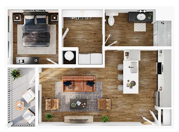 A top-down view of a modern apartment layout with a kitchen, living room, and dining area.