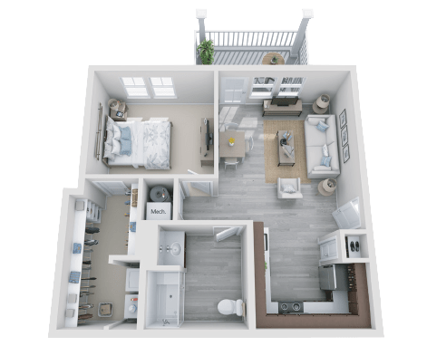 this is a 3d floor plan of a 757 square foot 1 bedroom apartment at the