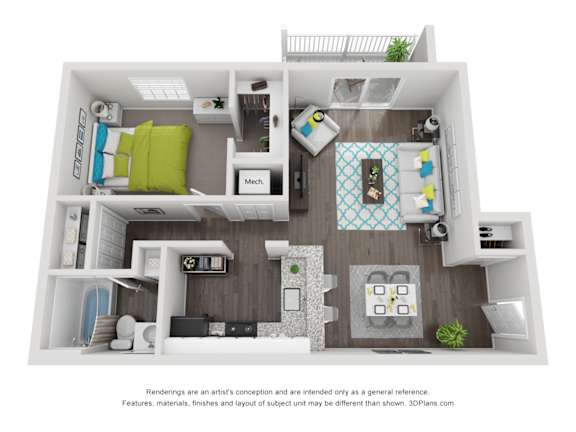 A 3D floor plan of a small apartment with a kitchen, living room, and bathroom.