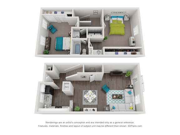 Two images of a small apartment with a kitchen, living room, and bedroom.