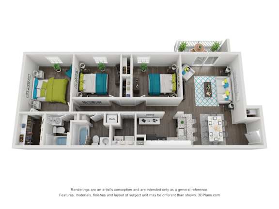 A 3D floor plan of a small apartment with two bedrooms and a living room.