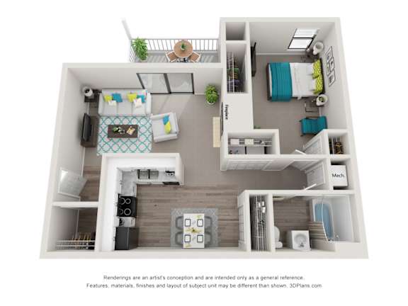 A 3D floor plan of a small apartment with a kitchen, living room, and bedroom.
