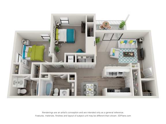 A 3D floor plan of a small apartment with a kitchen, living room, and bathroom.