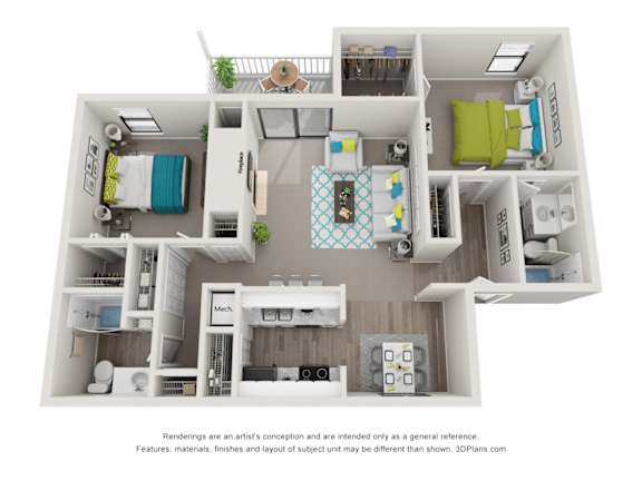 A 3D floor plan of a small apartment with a kitchen, living room, and bedrooms.