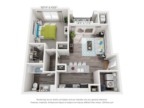 A 3D floor plan of a small apartment with a kitchen, living room, and bathroom.