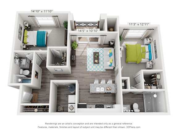A 3D floor plan of a small apartment with a kitchen, living room, and bedrooms.