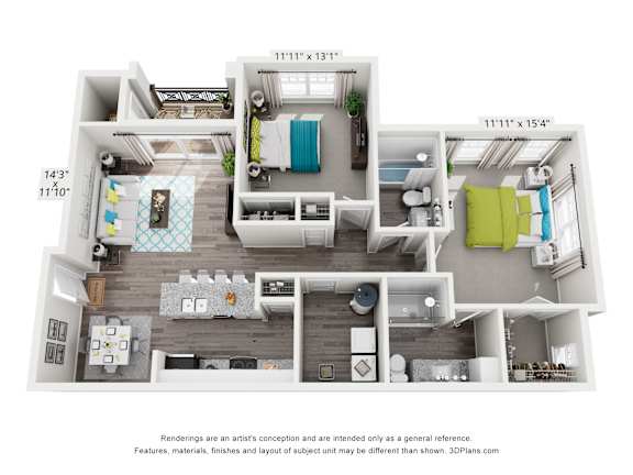 A 3D floor plan of a small apartment with a kitchen, living room, and bedrooms.