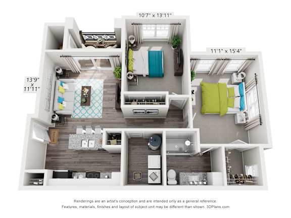A 3D floor plan of a small apartment with a living room, kitchen, and bathroom.