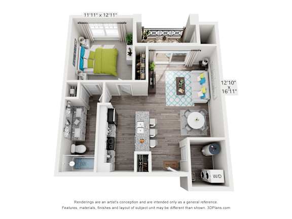 A 3D floor plan of a small apartment with a kitchen, living room, and bathroom.