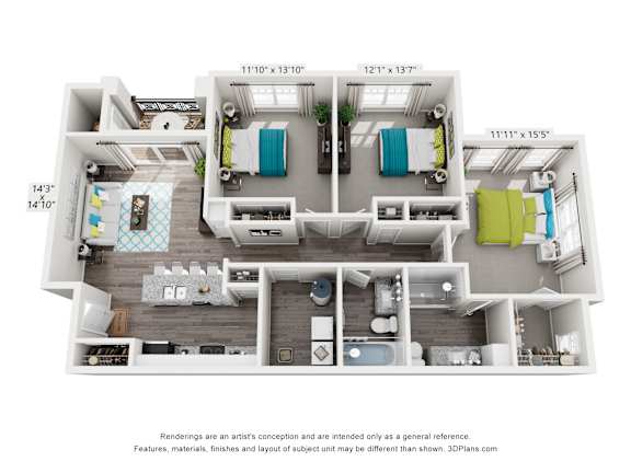 A 3D floor plan of a house with dimensions and furniture placement.