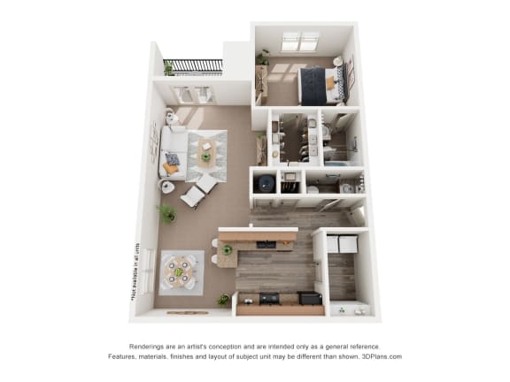 a stylized floor plan of a 1 bedroom apartment
