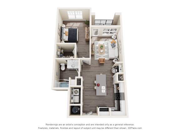 A floor plan of a small apartment with a kitchen, living room, and bathroom.