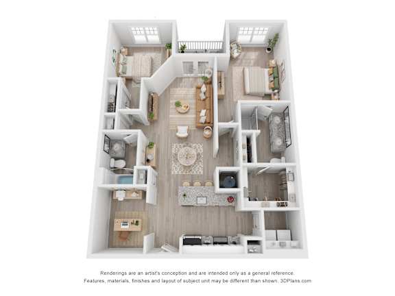 A 3D floor plan of a house with a kitchen, living room, and two bedrooms.