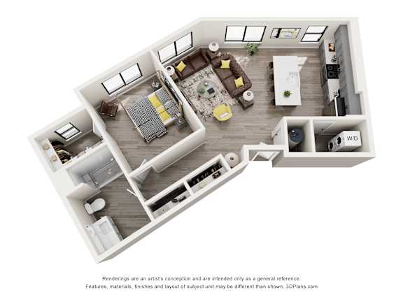 A 3D floor plan of a house with a living room, kitchen, and two bedrooms.