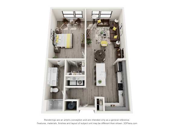 A 3D floor plan of a small apartment with a kitchen, living room, and two bedrooms.