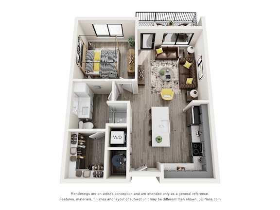 A 3D floor plan of a small apartment with a kitchen, living room, and bathroom.