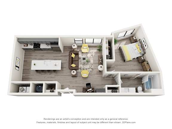 A 3D floor plan of a house with a kitchen, living room, dining room, and bedrooms.