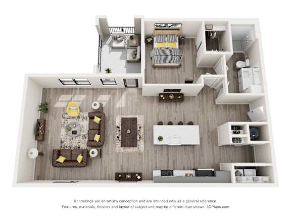 A 3D floor plan of a house with a kitchen, living room, and dining area.