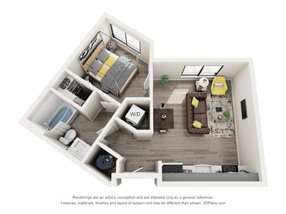 A 3D floor plan of a small apartment with a kitchen, living room, and bathroom.