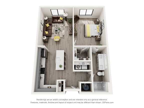 A floor plan of a small apartment with a kitchen, living room, and bedroom.