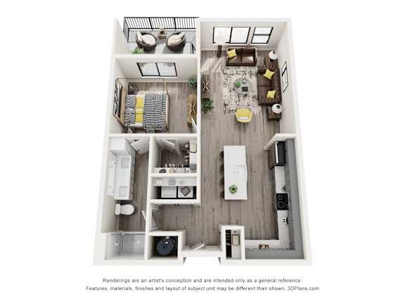 A 3D floor plan of a house with a kitchen, living room, and two bedrooms.
