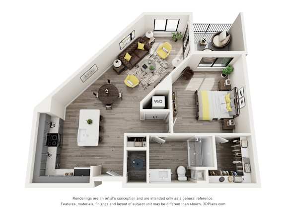 A 3D floor plan of a house with a kitchen, living room, and bathroom.