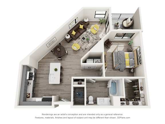 A 3D floor plan of a house with a kitchen, living room, and bathroom.