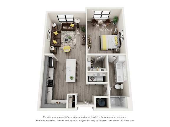 A floor plan of a two-story apartment with a living room, kitchen, dining room, and bedrooms.
