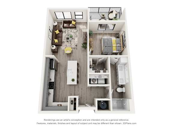 A 3D floor plan of a house with a kitchen, living room, and two bedrooms.