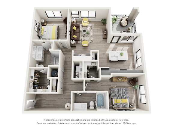 A 3D floor plan of a house with a kitchen, living room, and two bedrooms.
