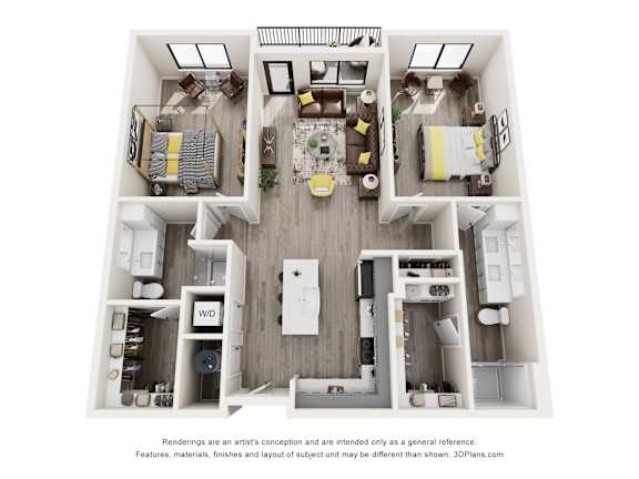 A 3D floor plan of a house with a kitchen, living room, and two bedrooms.