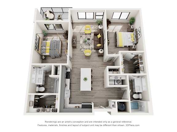 A 3D floor plan of a house with a kitchen, living room, and two bedrooms.