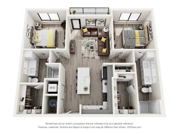 A 3D floor plan of a house with a kitchen, living room, and two bedrooms.