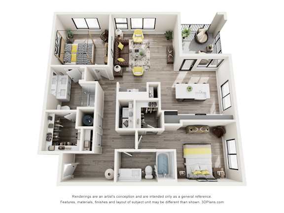 A 3D floor plan of a house with a kitchen, living room, and bedrooms.